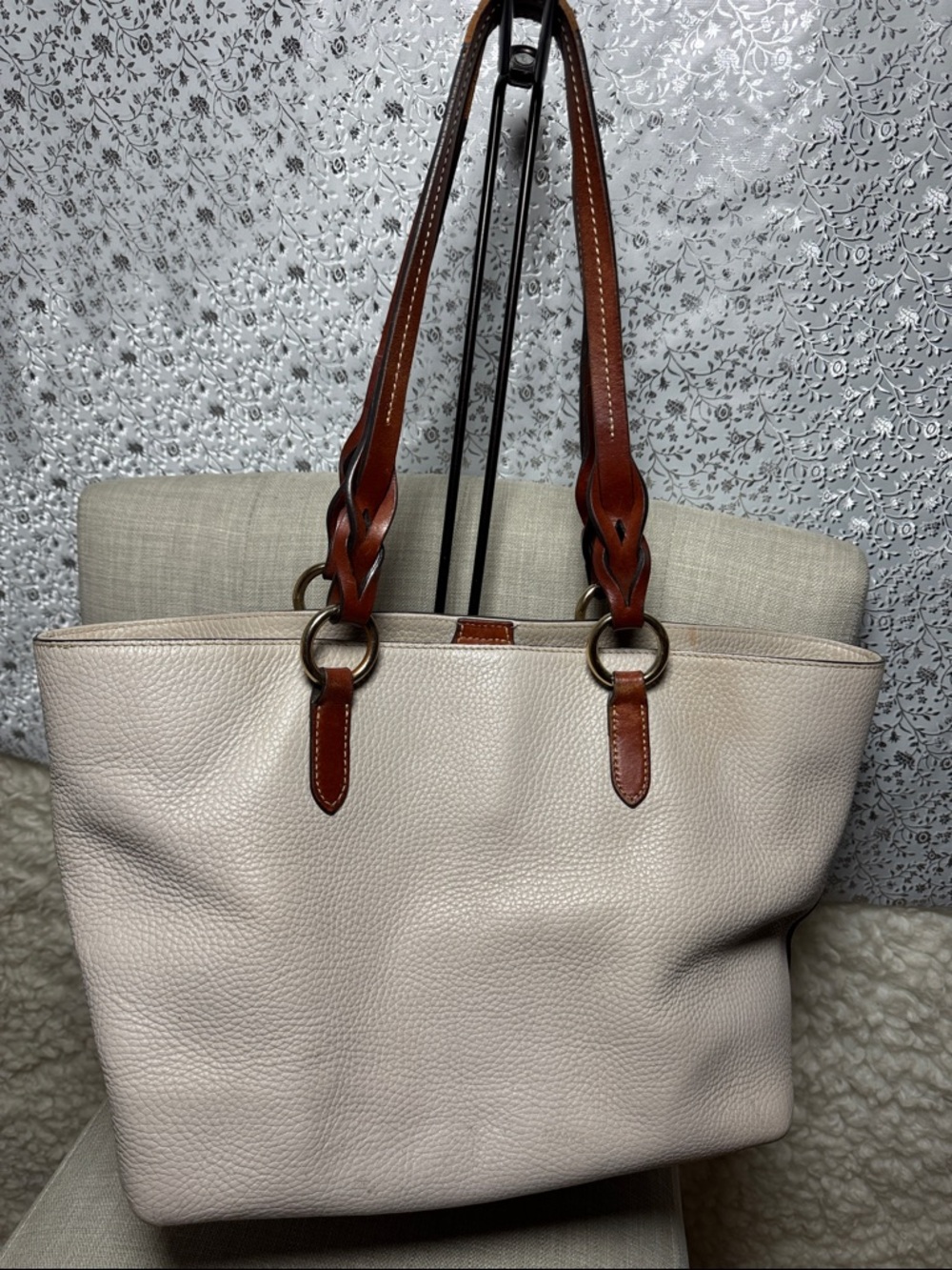 Dooney & Bourke Cream Leather Tote with Brown Handles - Picture 2 of 5